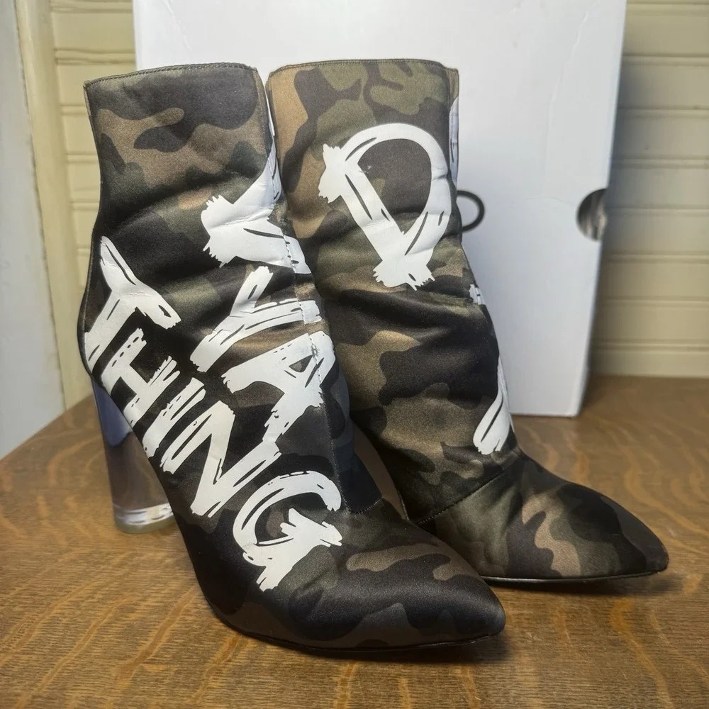 ALDO Oceani Camo Graffiti Clear Heel Ankle Boots Women's US 6 w/ Box